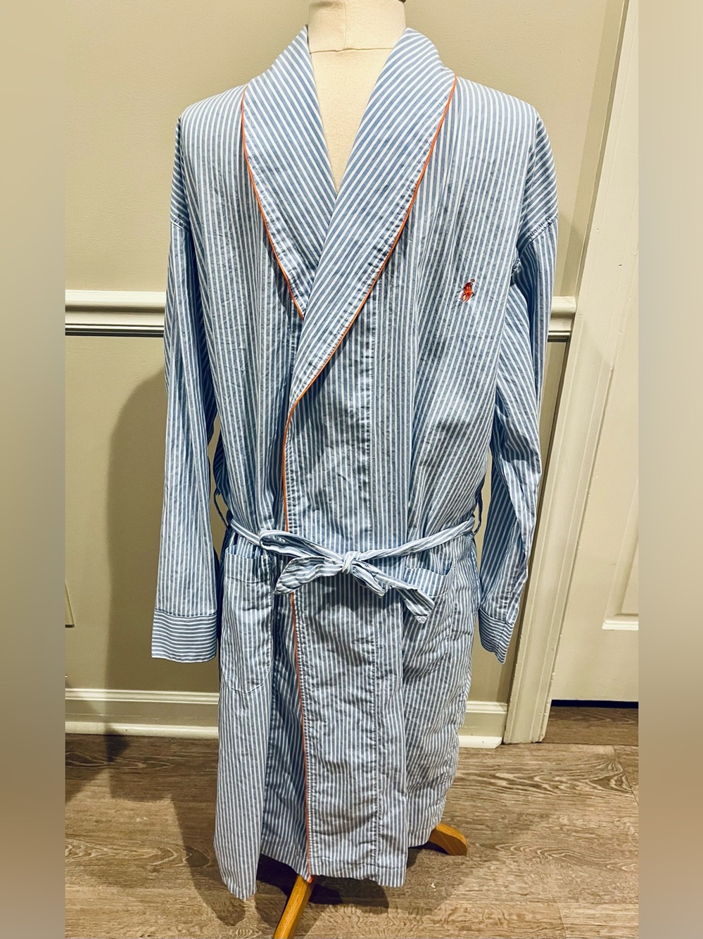 Polo by Ralph Lauren Light Blue and White Striped Men’s Robe with Orange Piping